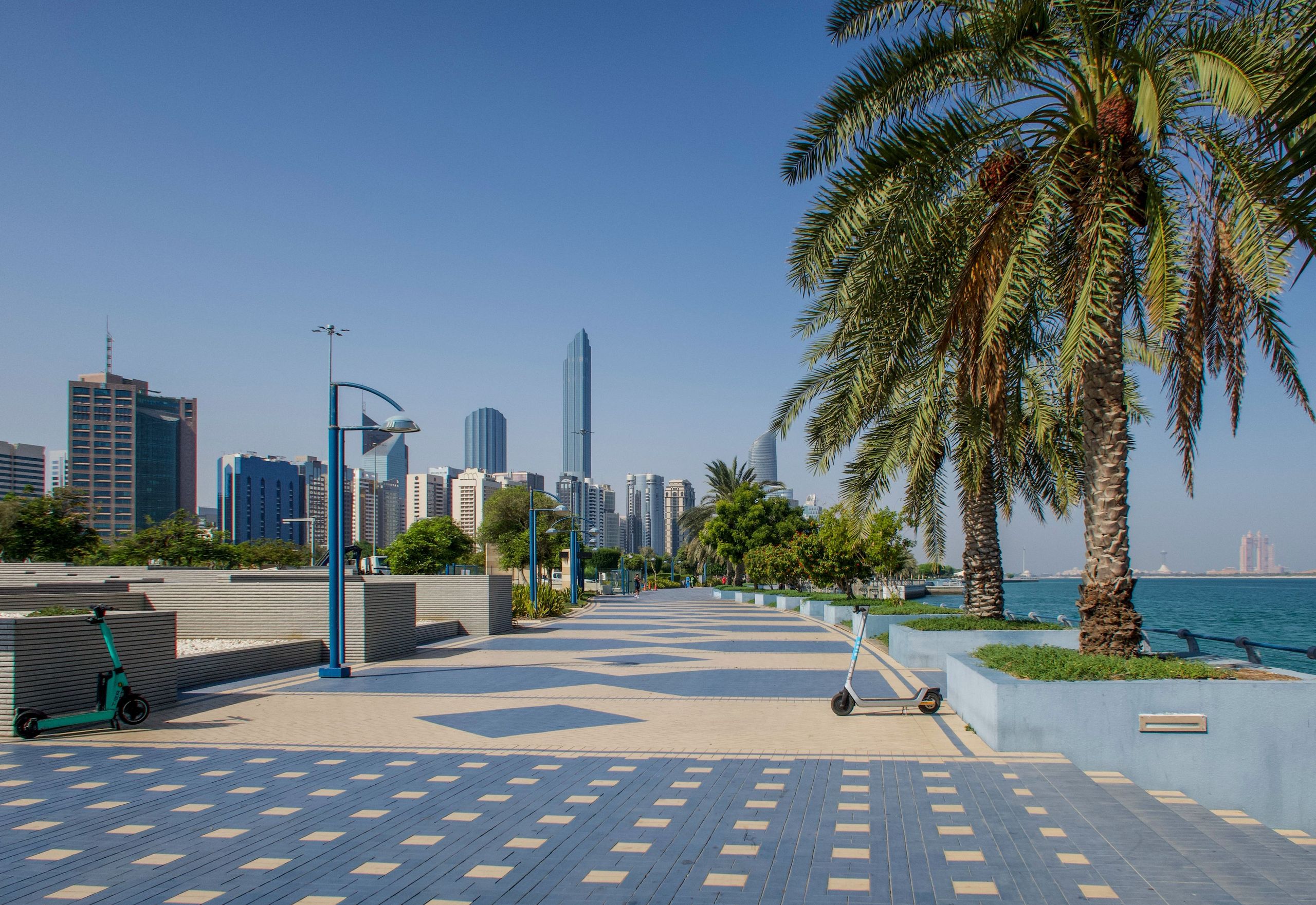 The Corniche promenade and city skyline, Abu Dhabi