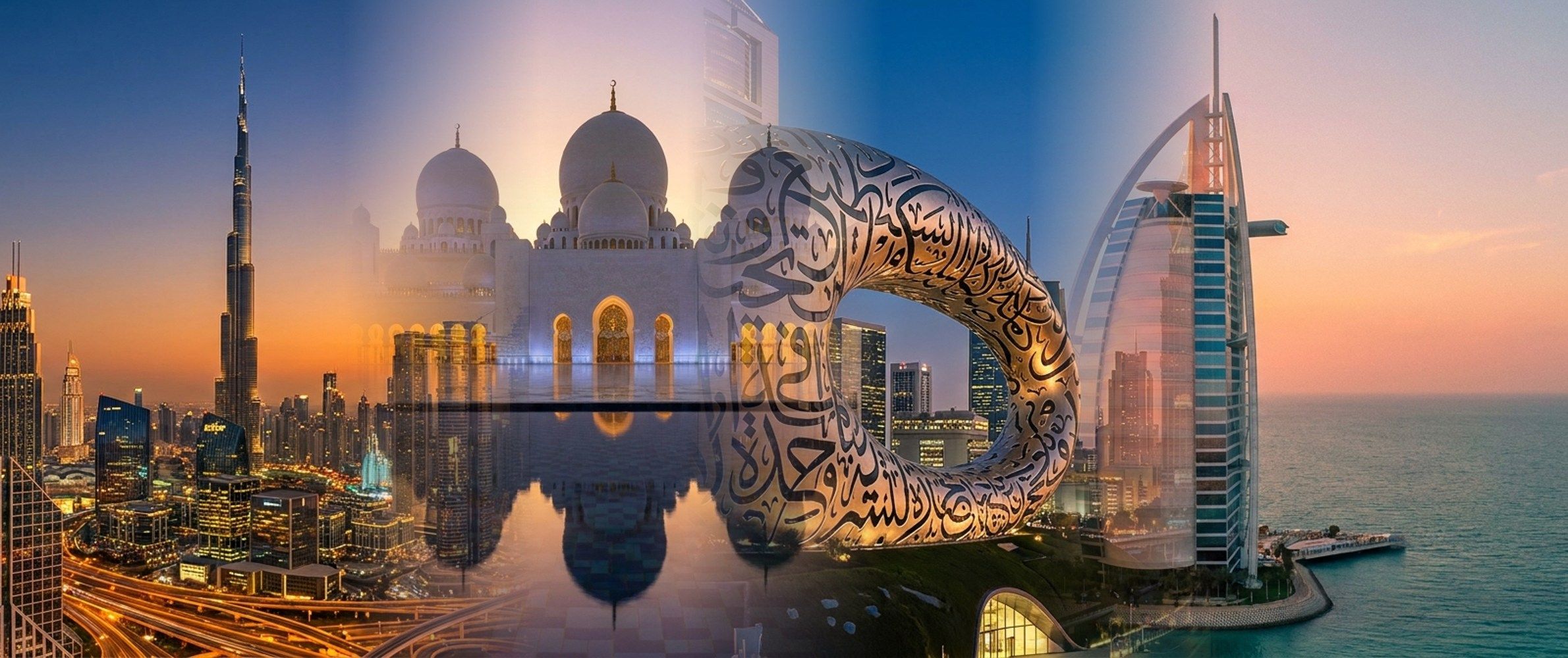 UAE landmarks montage: Burj Khalifa and the Dubai skyline, the Sheikh Zayed Grand Mosque, the Museum of the Future and the Burj Al Arab