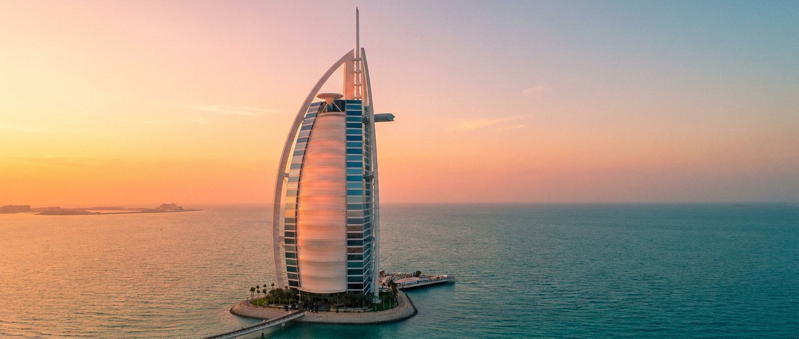 The Burj Al Arab, Dubai, at sunset
